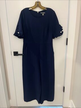 Karl Lagerfeld Navy Ruffle-Sleeve Jumpsuit with Pearl Buttons